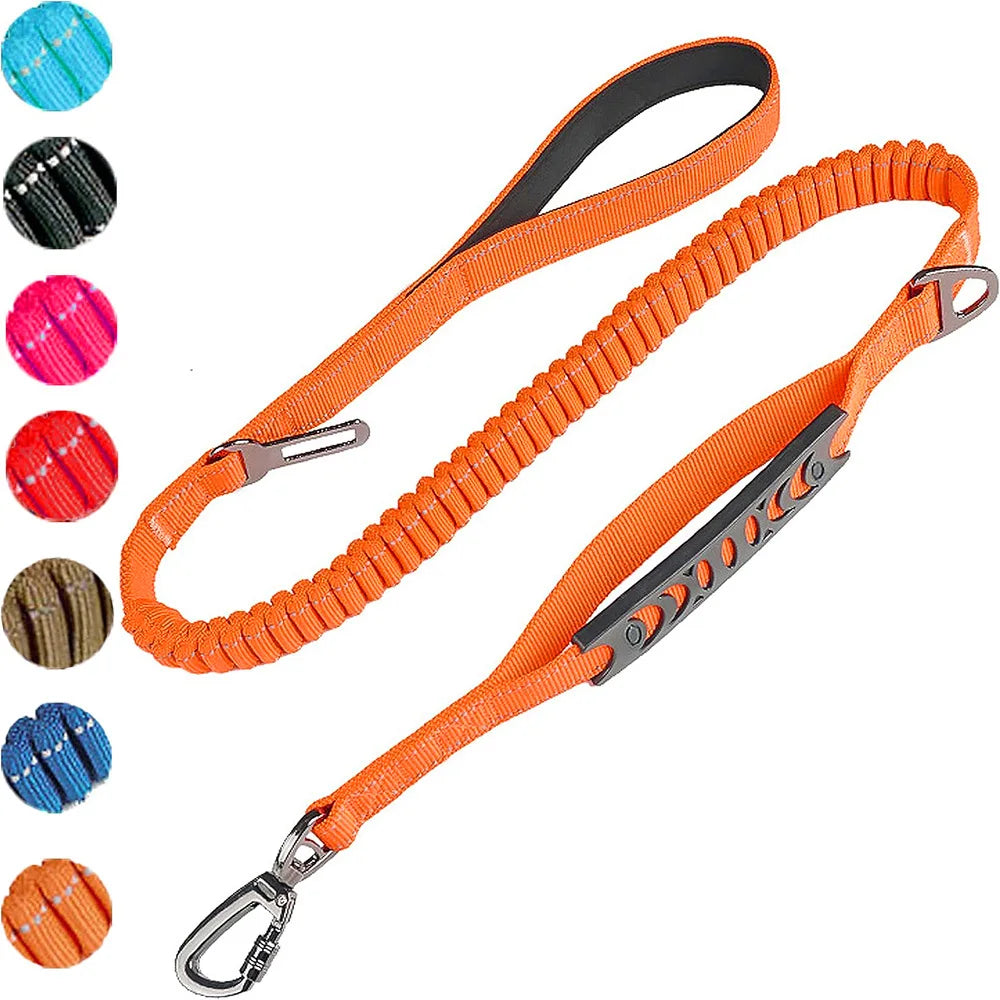 Orange reflective shock-absorbing dog leash with car safety buckle, designed for secure vehicle travel by TrendyPet's Zone.