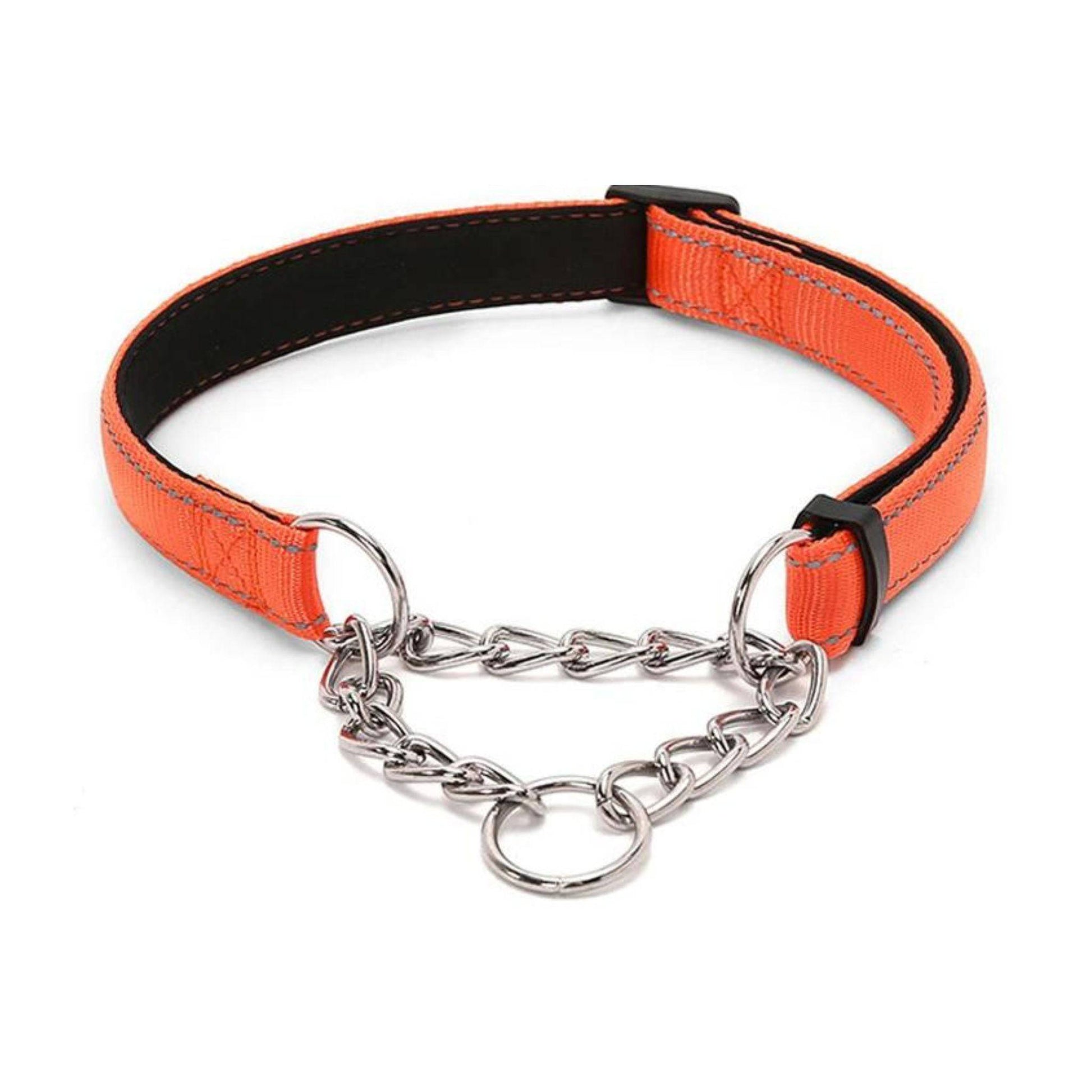 Orange Stainless Steel Chain Reflective Nylon Fabric Pet Collars for Small Medium Large Dogs - TrendyPet's Zone