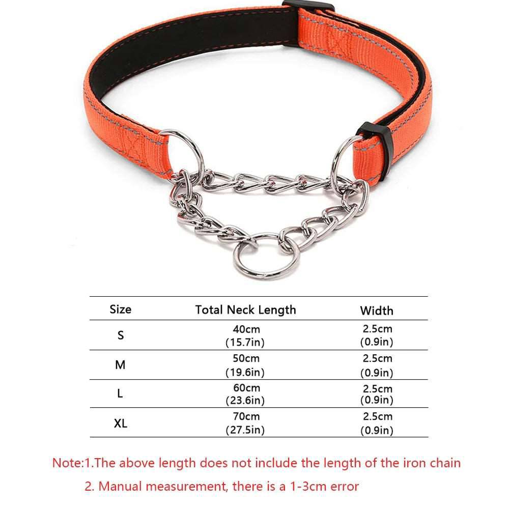 Orange Stainless Steel Chain Reflective Nylon Fabric Pet Collars for Small Medium Large Dogs - TrendyPet's Zone