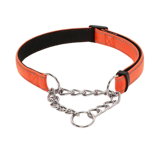 Orange Stainless Steel Chain Reflective Nylon Fabric Pet Collars for Small Medium Large Dogs - TrendyPet's Zone