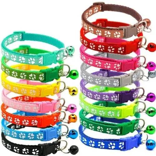 Colorful adjustable nylon cat collar with a paw print pattern and bell, suitable for cats and small dogs, by TrendyPet's Zone.