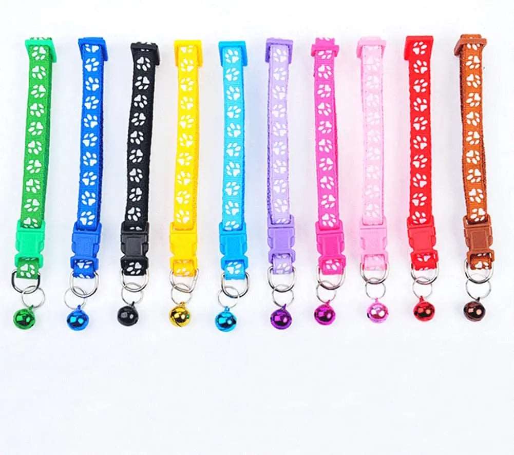 Colorful adjustable nylon cat collar with bell and paw print design, suitable for cats and small dogs, from TrendyPet's Zone.