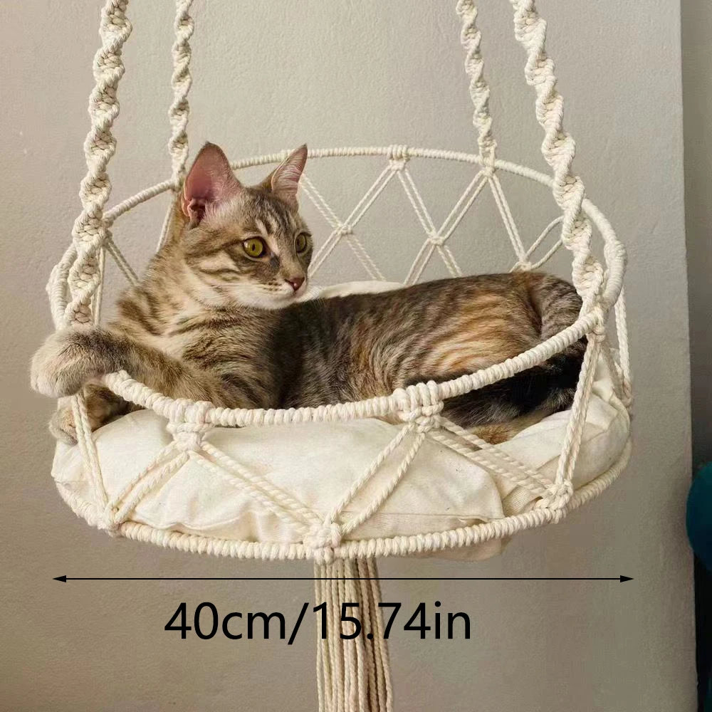 Handwoven cotton cat hammock swing bed with macrame design, suitable for indoor and outdoor wall hanging by TrendyPet's Zone.