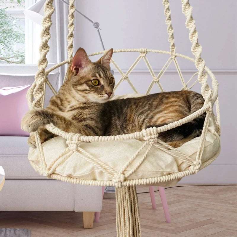 Pet Cat Hammock Swing Bed Handwoven Tapestry Cotton Macrame for Home Indoor Outdoor Wall Hanging - TrendyPet's Zone
