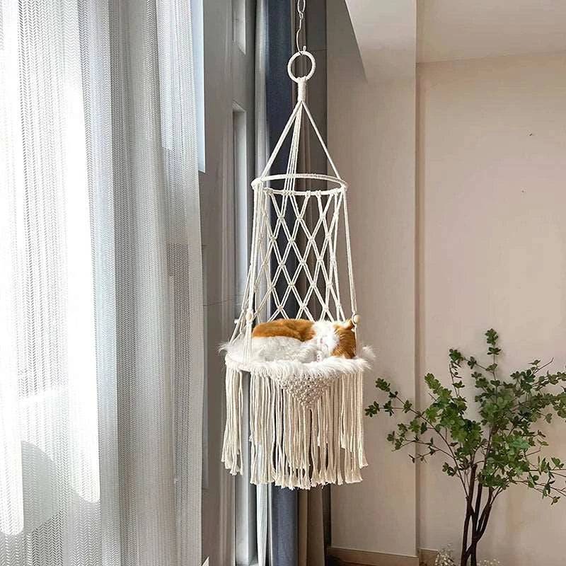 Pet Cat Hanging Bed Woven Hammock Cotton Rope Swing Tassel White Sleeping Nest Pet Kitten Thread Toy Basket - TrendyPet's Zone