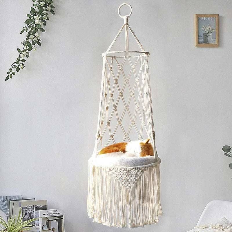 Pet Cat Hanging Bed Woven Hammock Cotton Rope Swing Tassel White Sleeping Nest Pet Kitten Thread Toy Basket - TrendyPet's Zone