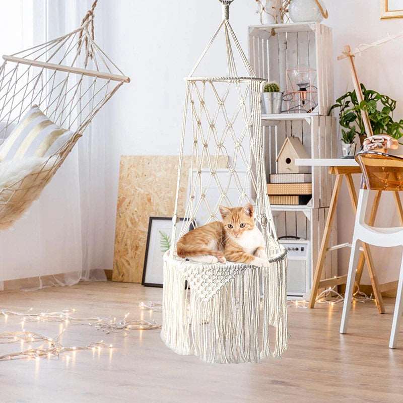 Pet Cat Hanging Bed Woven Hammock Cotton Rope Swing Tassel White Sleeping Nest Pet Kitten Thread Toy Basket - TrendyPet's Zone