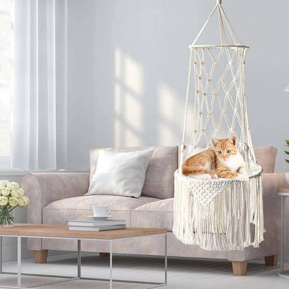 Pet Cat Hanging Bed Woven Hammock Cotton Rope Swing Tassel White Sleeping Nest Pet Kitten Thread Toy Basket - TrendyPet's Zone