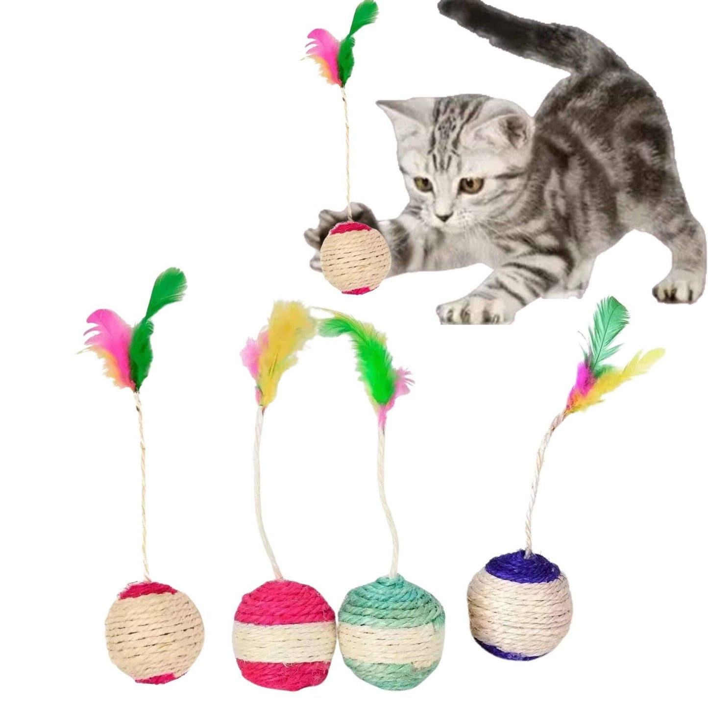 Pet Cat Toys Kitten Sisal Scratching Ball Training Interactive Feather Toy - TrendyPet's Zone