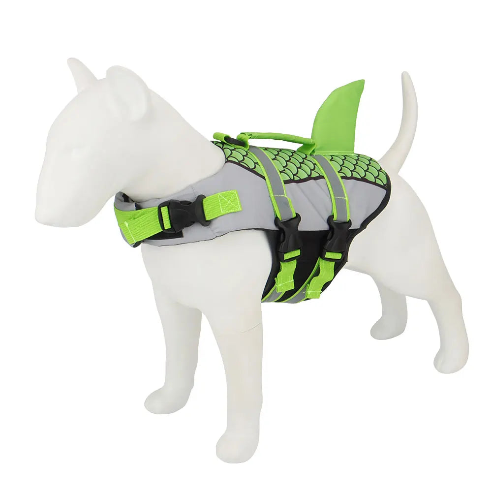 Dog wearing Pet Life Jacket Vest in shark swimwear design, available in XS to XXL sizes, by TrendyPet's Zone.