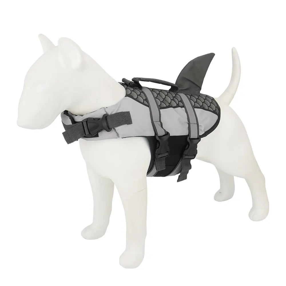 Dog wearing Pet Life Jacket Vest in shark swimwear design, available in XS to XXL sizes, by TrendyPet's Zone.