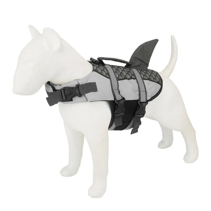 Dog wearing Pet Life Jacket Vest in shark swimwear design, available in XS to XXL sizes, by TrendyPet's Zone.