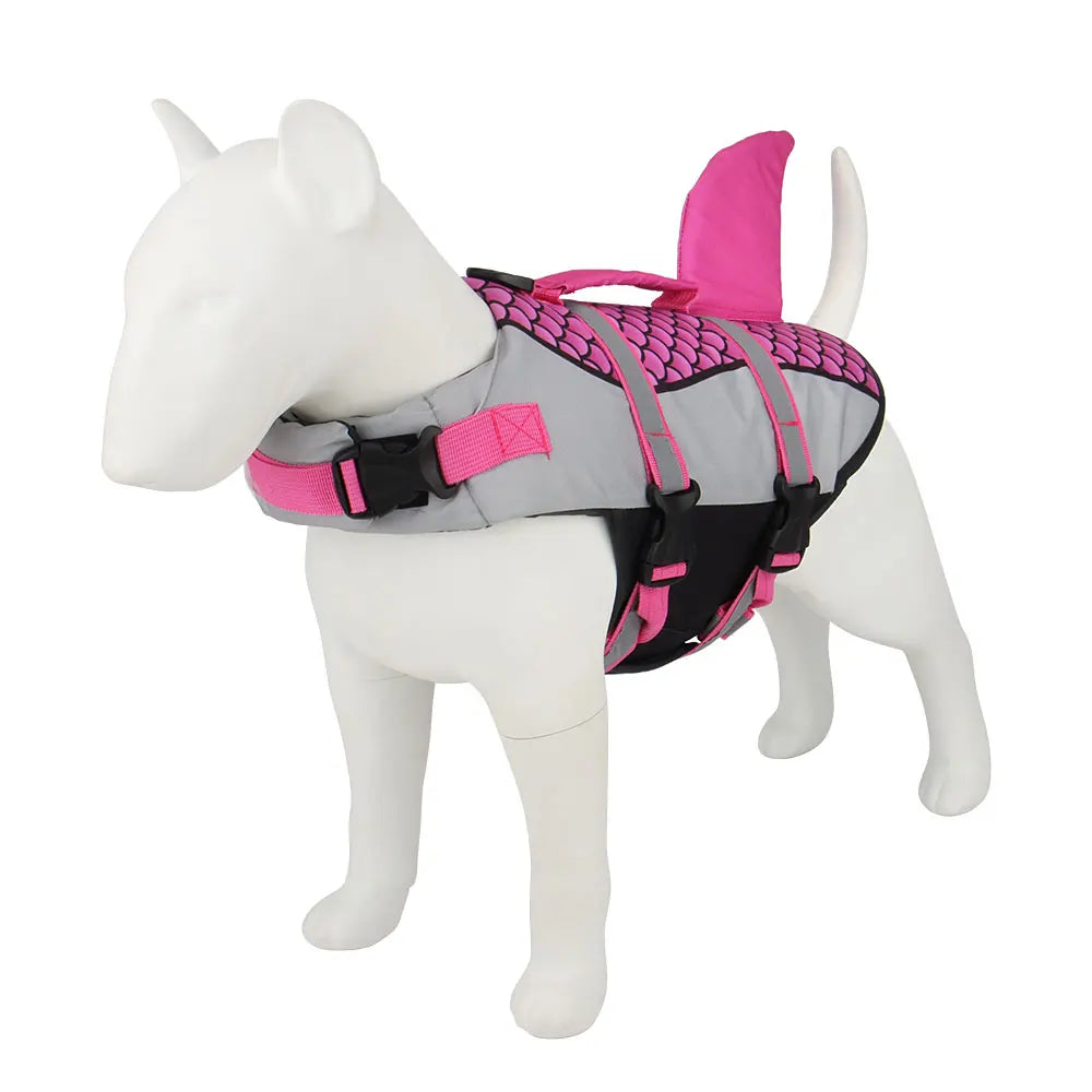 Dog wearing Pet Life Jacket Vest in shark swimwear design, available in XS to XXL sizes, by TrendyPet's Zone.