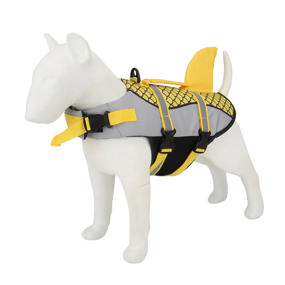 Dog wearing Pet Life Jacket Vest in shark swimwear design, available in XS to XXL sizes, from TrendyPet's Zone.