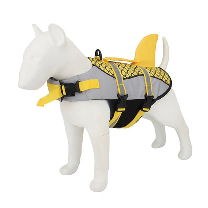 Dog wearing Pet Life Jacket Vest in shark swimwear design, available in XS to XXL sizes, from TrendyPet's Zone.