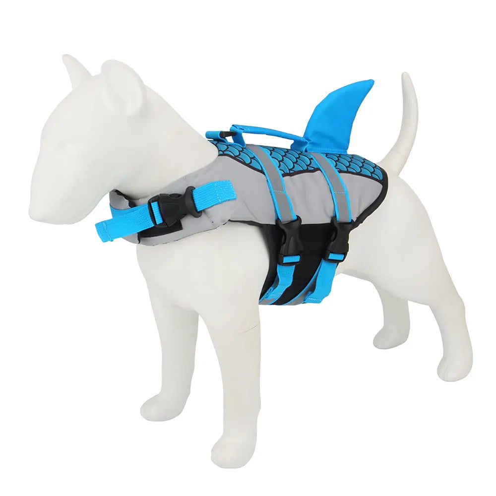 Dog wearing TrendyPet's Zone shark-themed pet life jacket vest, available in XS to XXL sizes, suitable for swimming safety.