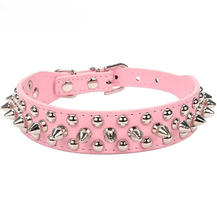 Pink adjustable leather dog collar with punk rivets and spikes, suitable for puppies and pets, by TrendyPet's Zone.
