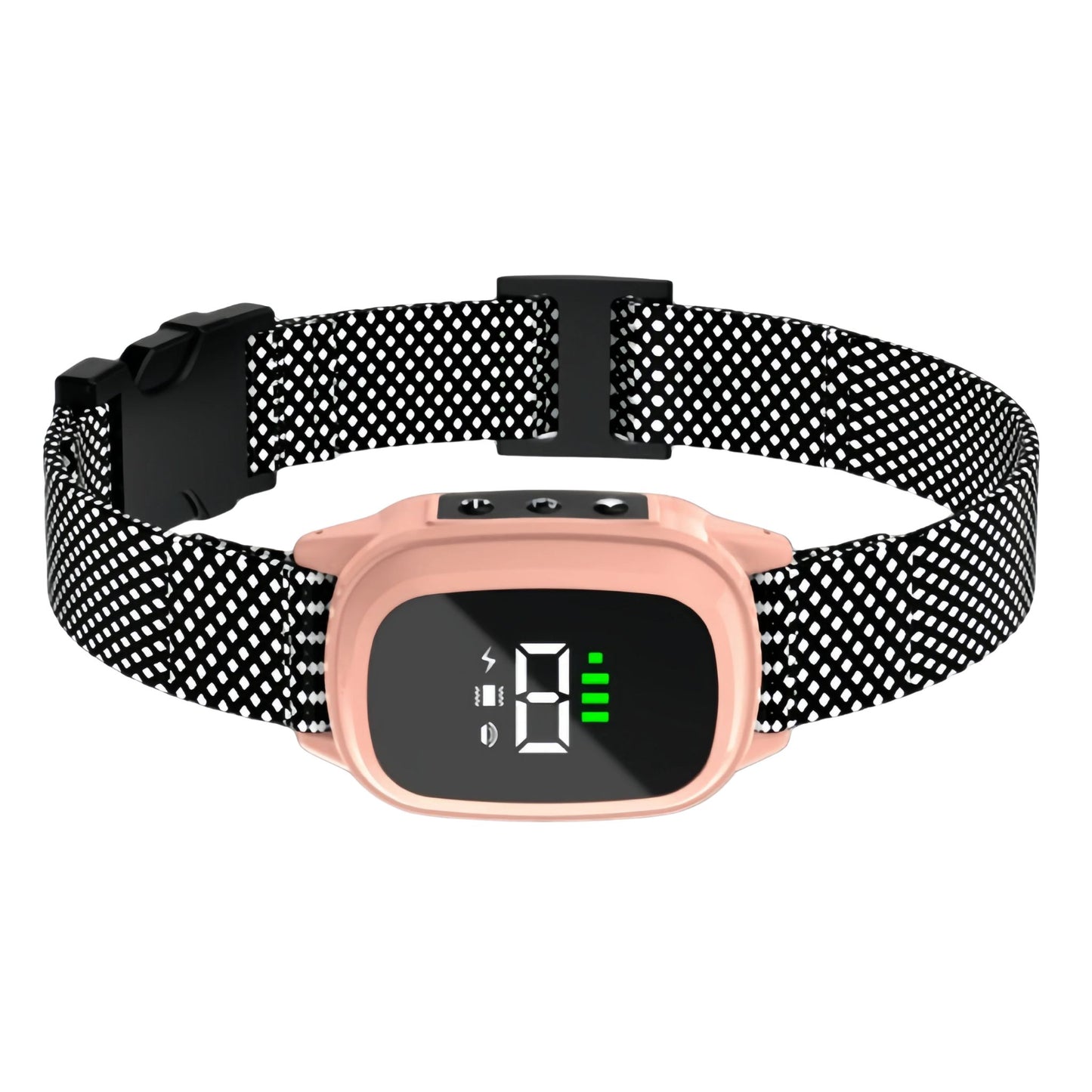 Automatic dog barking collar with rechargeable bark stopper device, equipped with sensors and adjustable strap. TrendyPet's Zone 