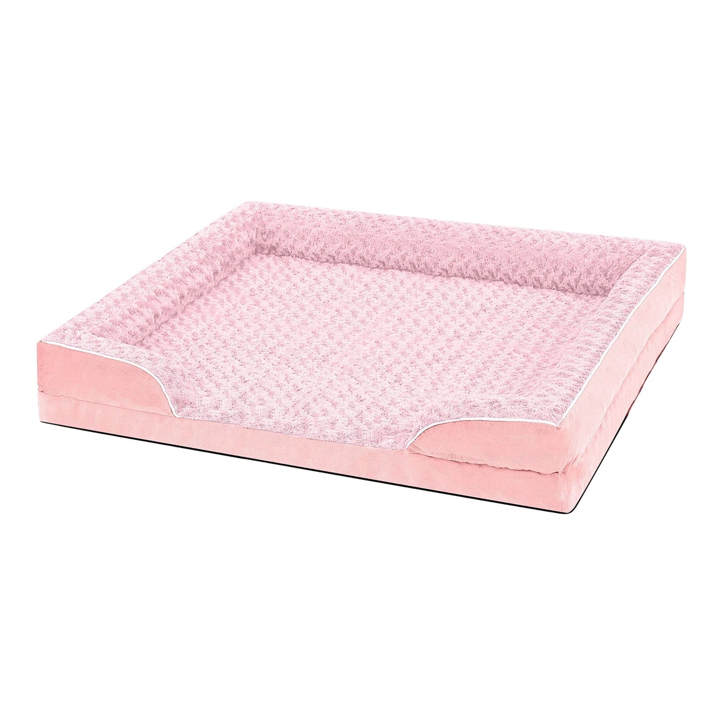 Pink bolster dog bed by TrendyPet's Zone with waterproof lining, non-skid bottom, washable cover, and orthopedic egg foam cushioning.