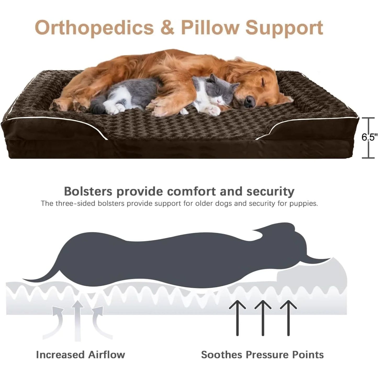 Pink bolster dog bed by TrendyPet's Zone with waterproof lining, non-skid bottom, washable cover, and orthopedic egg foam cushion.