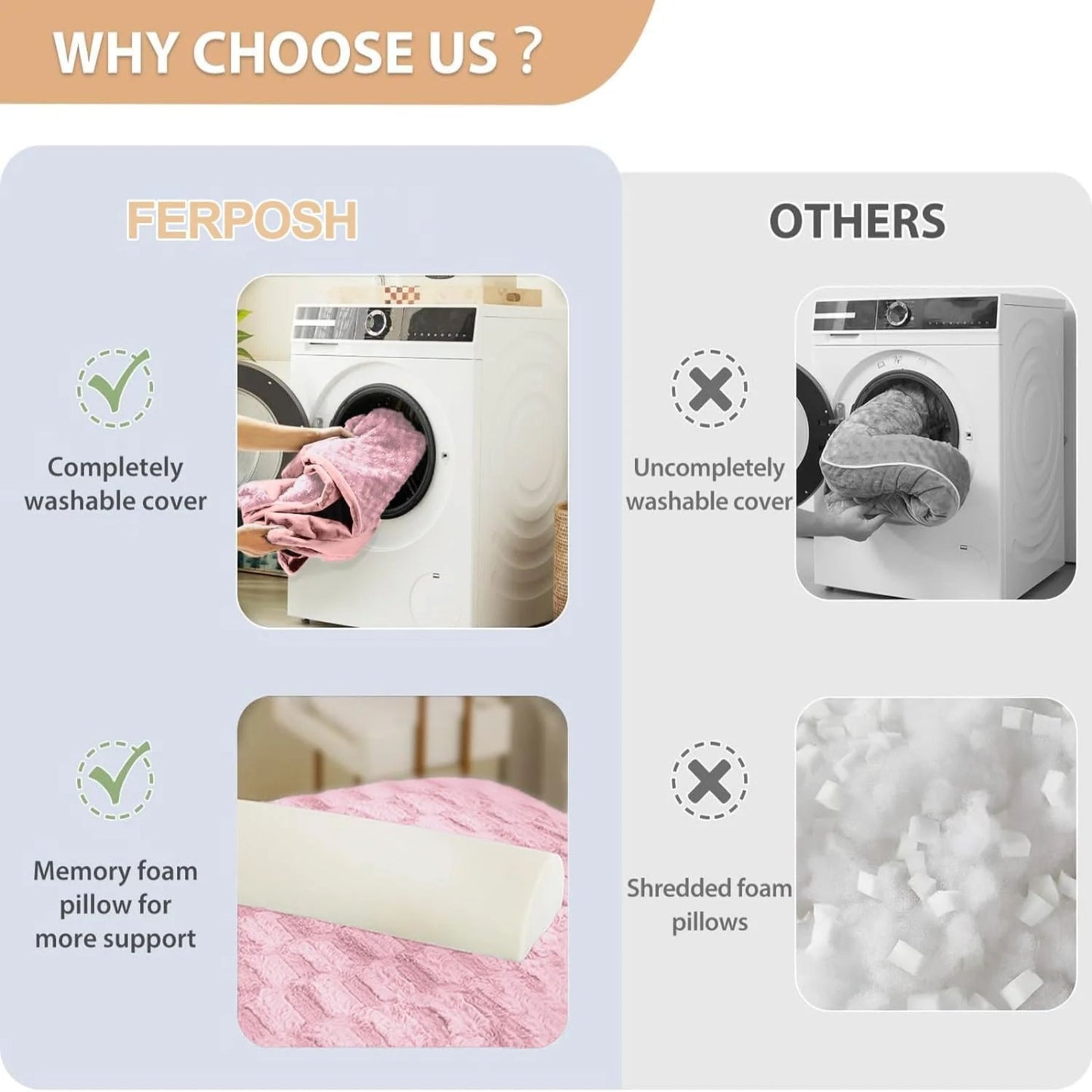 Pink bolster dog bed by TrendyPet's Zone with waterproof lining, non-skid bottom, washable cover, and orthopedic egg foam cushion.