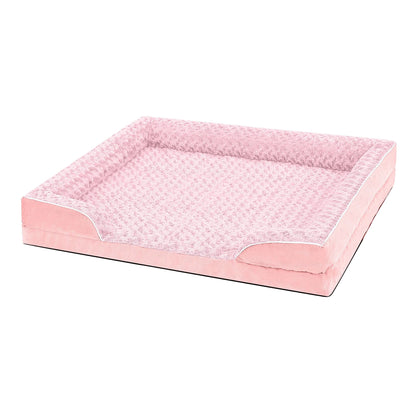 Pink bolster dog bed by TrendyPet's Zone with waterproof lining, non-skid bottom, washable cover, and orthopedic egg foam for comfort.