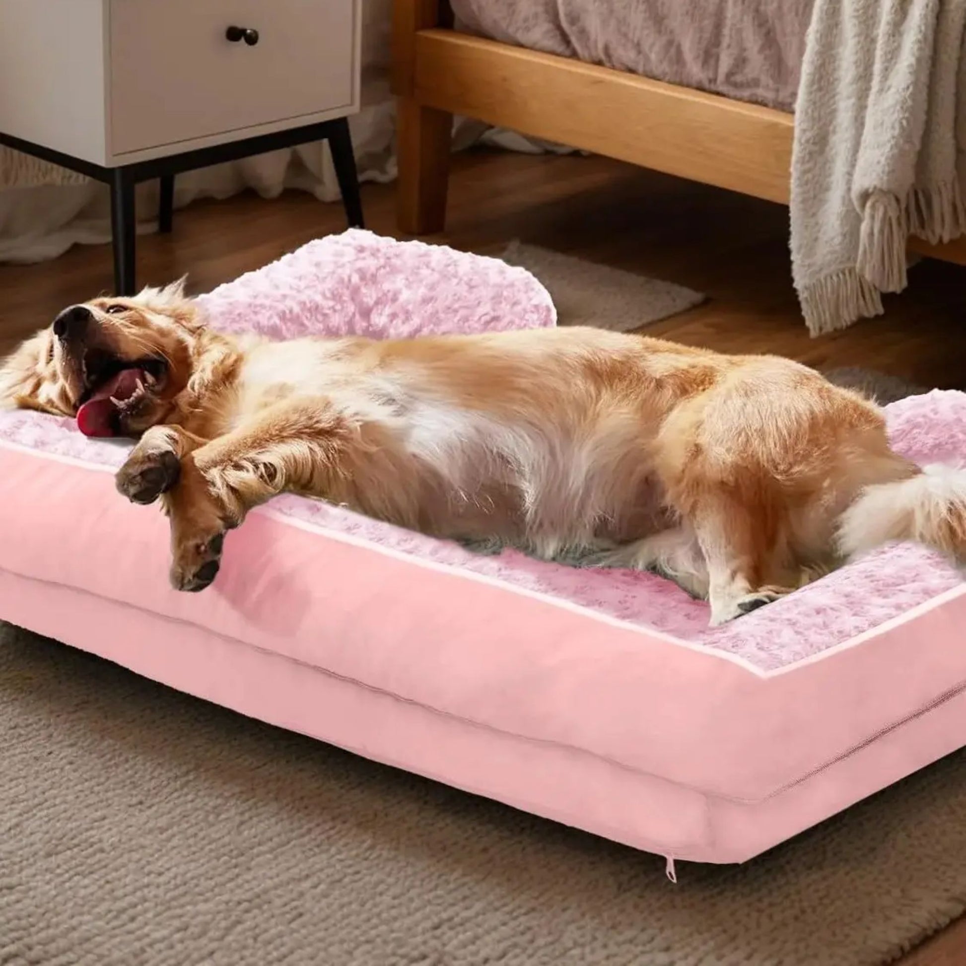 Pink bolster dog bed by TrendyPet's Zone with waterproof lining, non-skid bottom, washable cover, and orthopedic egg foam cushioning.