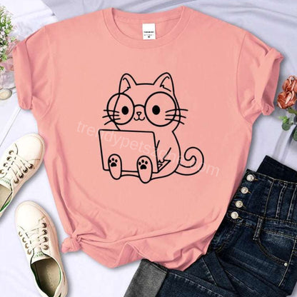Pink Careful Study Of Work Cat Sketches Women T-Shirt Personality Trend Casual Tee Clothing Street Creative Tops Female Short Sleeve TrendyPet's Zone