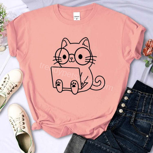 Pink Careful Study Of Work Cat Sketches Women T-Shirt Personality Trend Casual Tee Clothing Street Creative Tops Female Short Sleeve TrendyPet's Zone