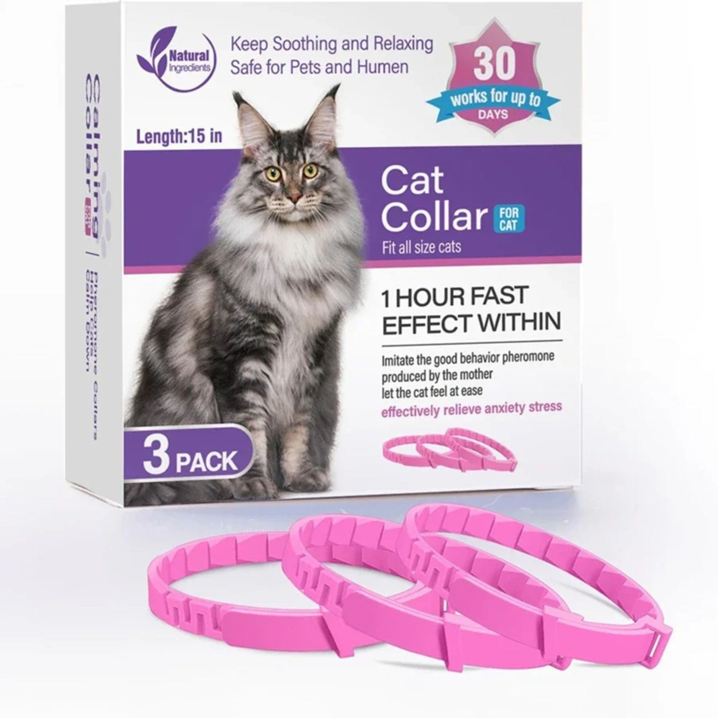 Pink cat calming collars in a 3-pack, designed to relieve anxiety for kittens to large cats, by TrendyPet's Zone.