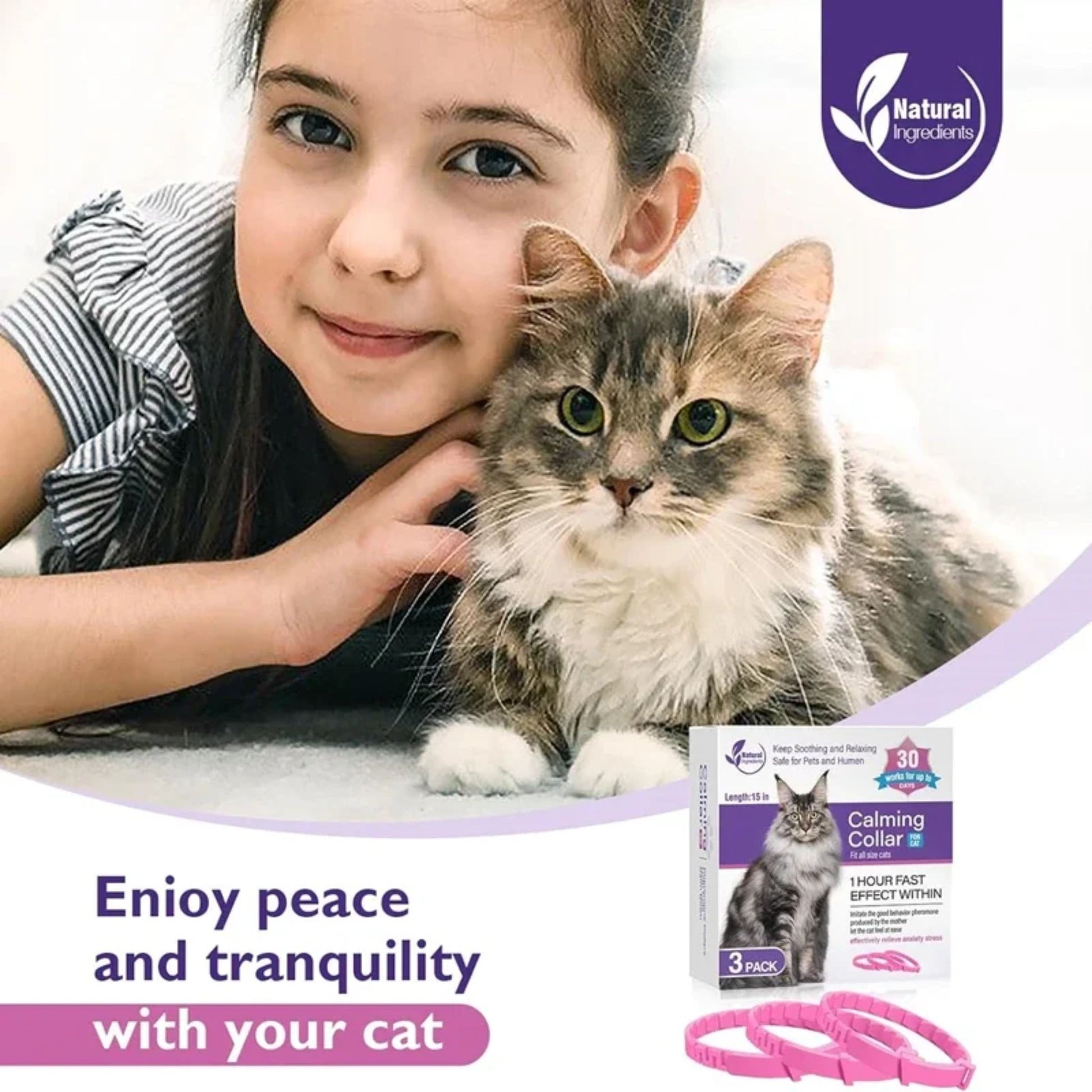 Pink TrendyPet's Zone calming cat collars in a 3-pack, designed to reduce anxiety for kittens and large cats, with retractable design.