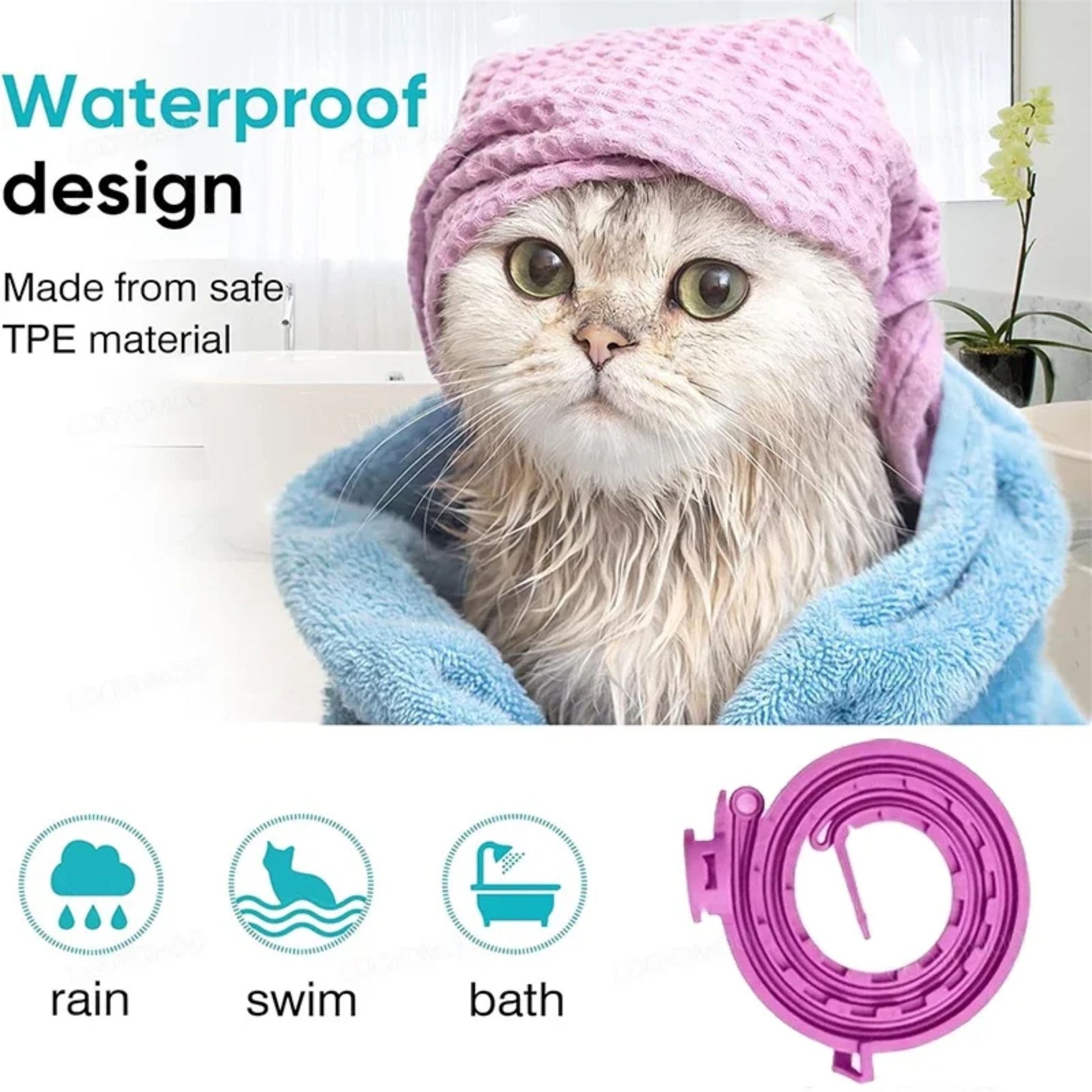 Pink cat calming collars in a 3-pack for kittens and large cats, designed to relieve anxiety and provide protection.