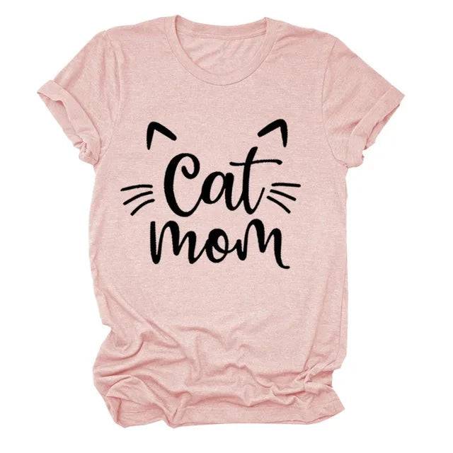 Pink "Cat Mom" Vivid Letter Print Women T-Shirt Short Sleeve O-Neck Loose Ladies Tee Tops Clothes - TrendyPet's Zone