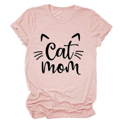 Pink "Cat Mom" Vivid Letter Print Women T-Shirt Short Sleeve O-Neck Loose Ladies Tee Tops Clothes - TrendyPet's Zone