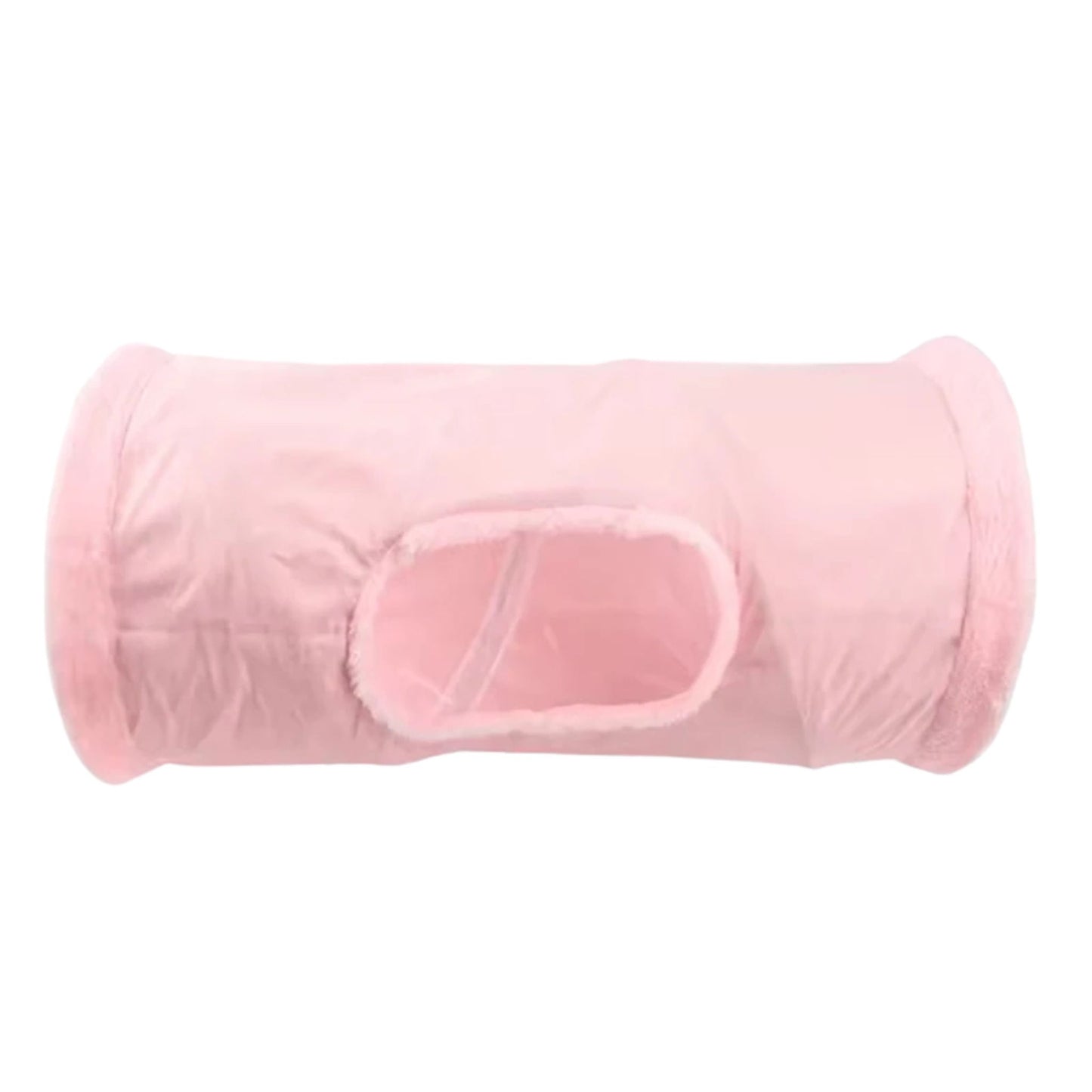 Pink plush foldable cat tunnel toy made of soft suede, ideal for playful and interactive fun for cats.