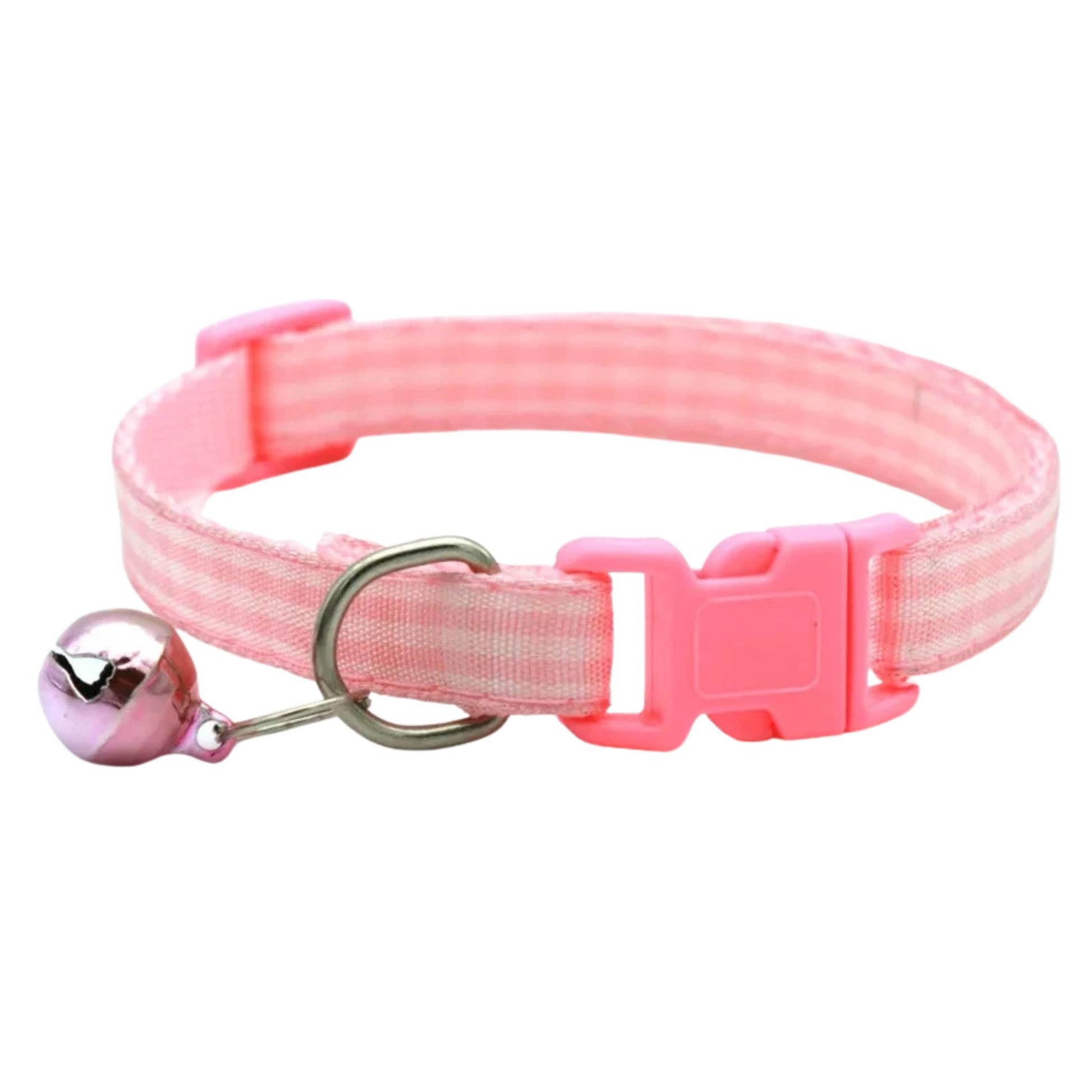 Pink checkered striped pet collar with bell, adjustable nylon collar for cats and small dogs by TrendyPet's Zone.