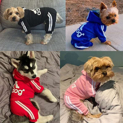 Pink TrendyPet's Zone dog hoodie jumpsuit for winter, four-legged pet pajamas, warm and cozy for small dogs.