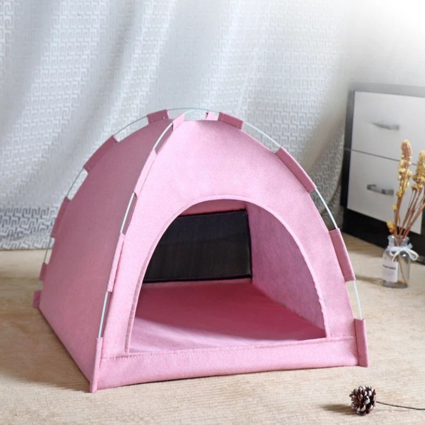 Pink foldable pet house tent from TrendyPet's Zone, portable and breathable for four-season use, ideal for small pets.