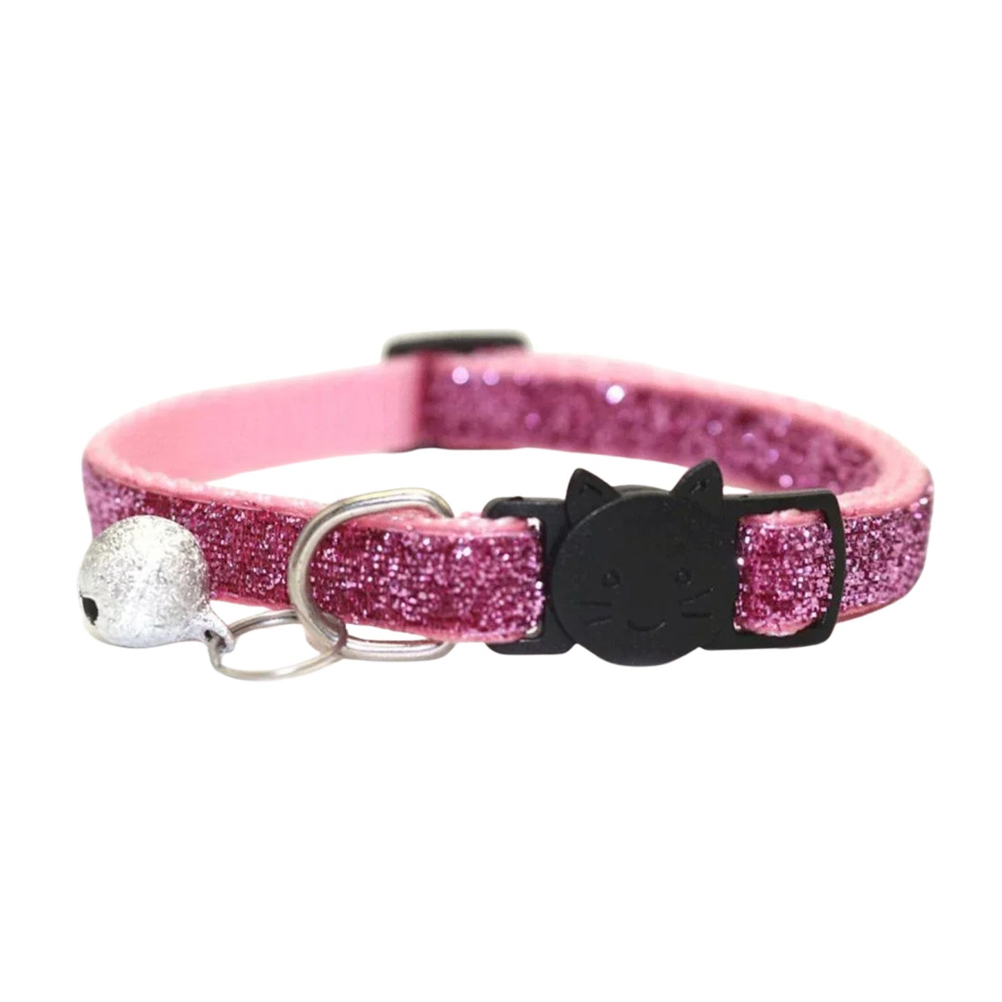 Pink glitter cat collar with bell, cute cat face design, safety buckle, from TrendyPet's Zone, perfect for stylish and safe pets.