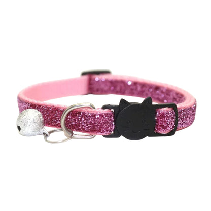 Pink glitter cat collar with bell, cute cat face design, safety buckle, from TrendyPet's Zone, perfect for stylish and safe pets.