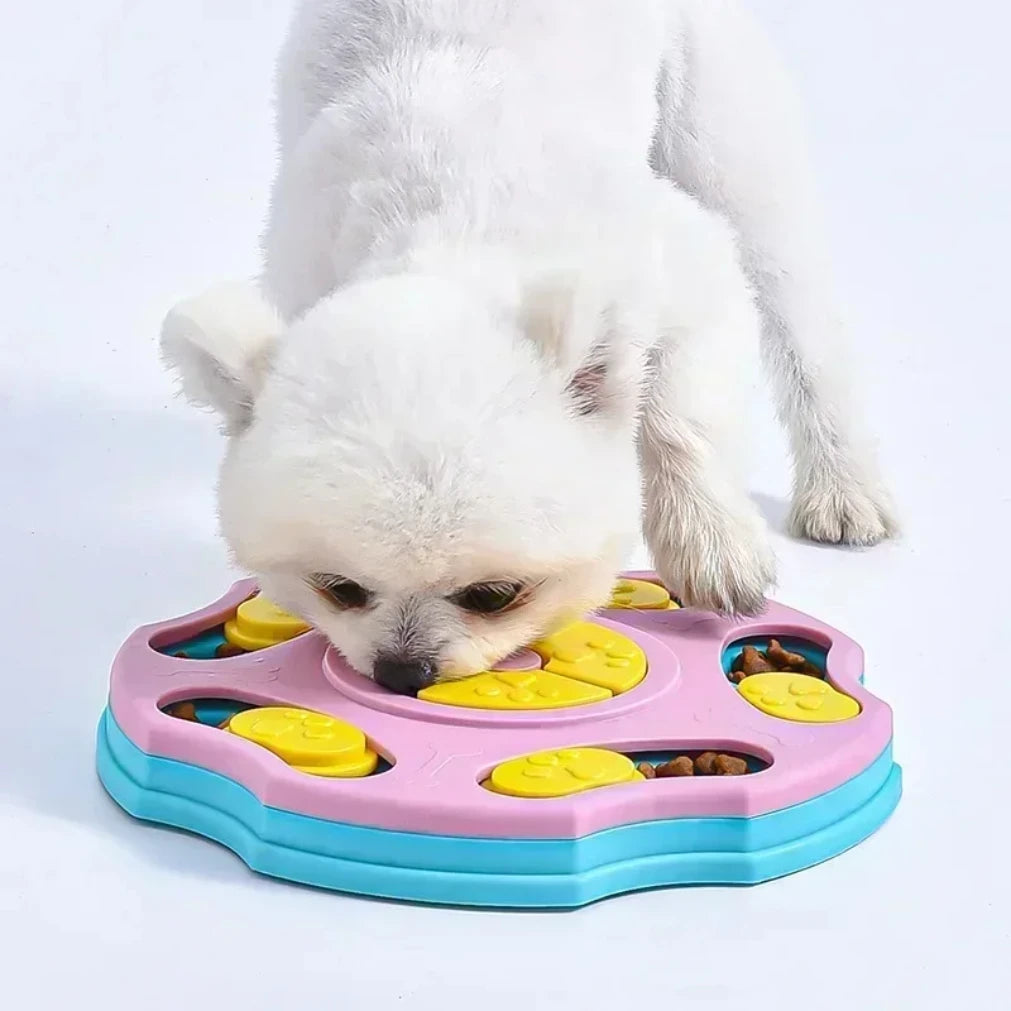 Pink interactive dog puzzle toy and slow feeder by TrendyPet's Zone designed to boost dog IQ and promote mental engagement.