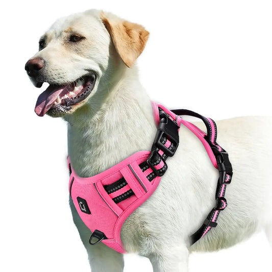 Pink adjustable dog harness with easy control handle by TrendyPet's Zone, designed to prevent pulling and ensure comfortable fit.