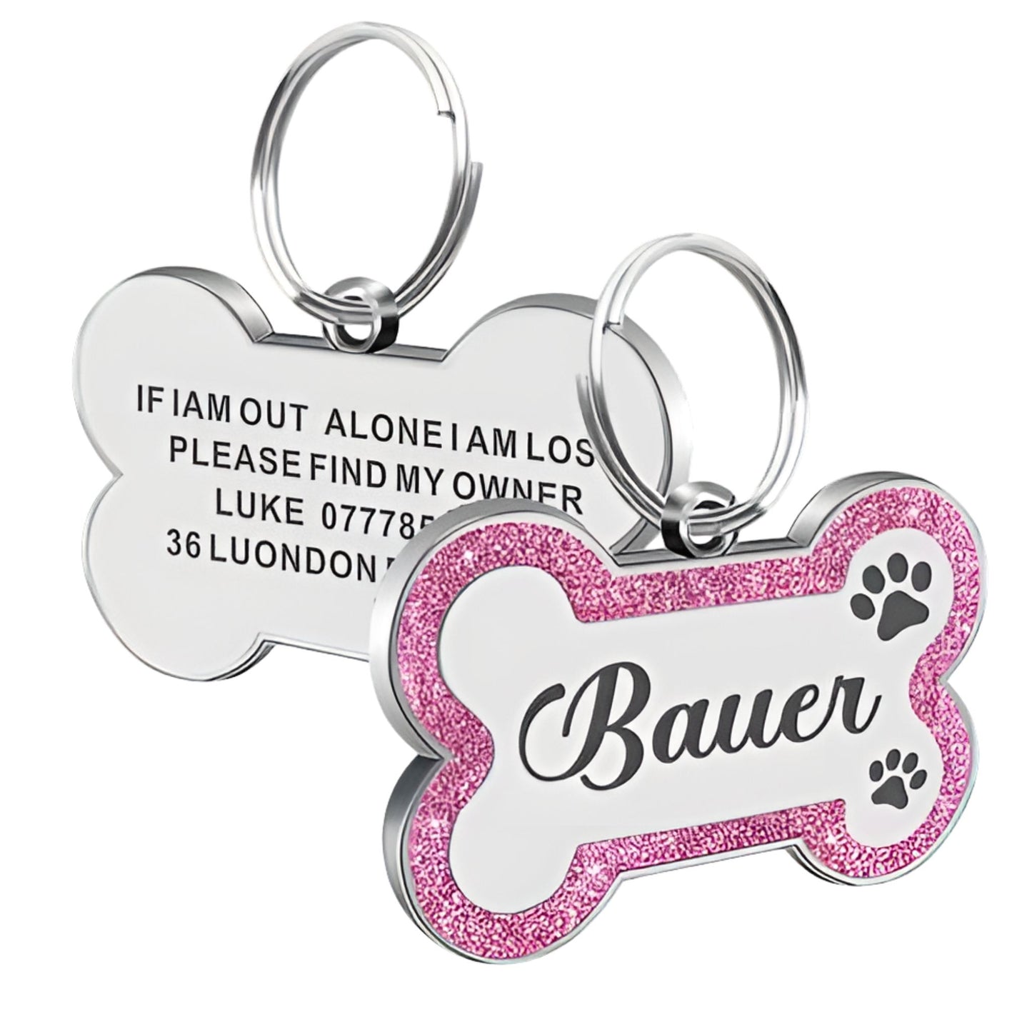 Pink Personalized Bone-Shaped Pet ID Tag Double Side – Glitter Enamel Finish Anti-lost Bone Tags TrendyPet's Zone