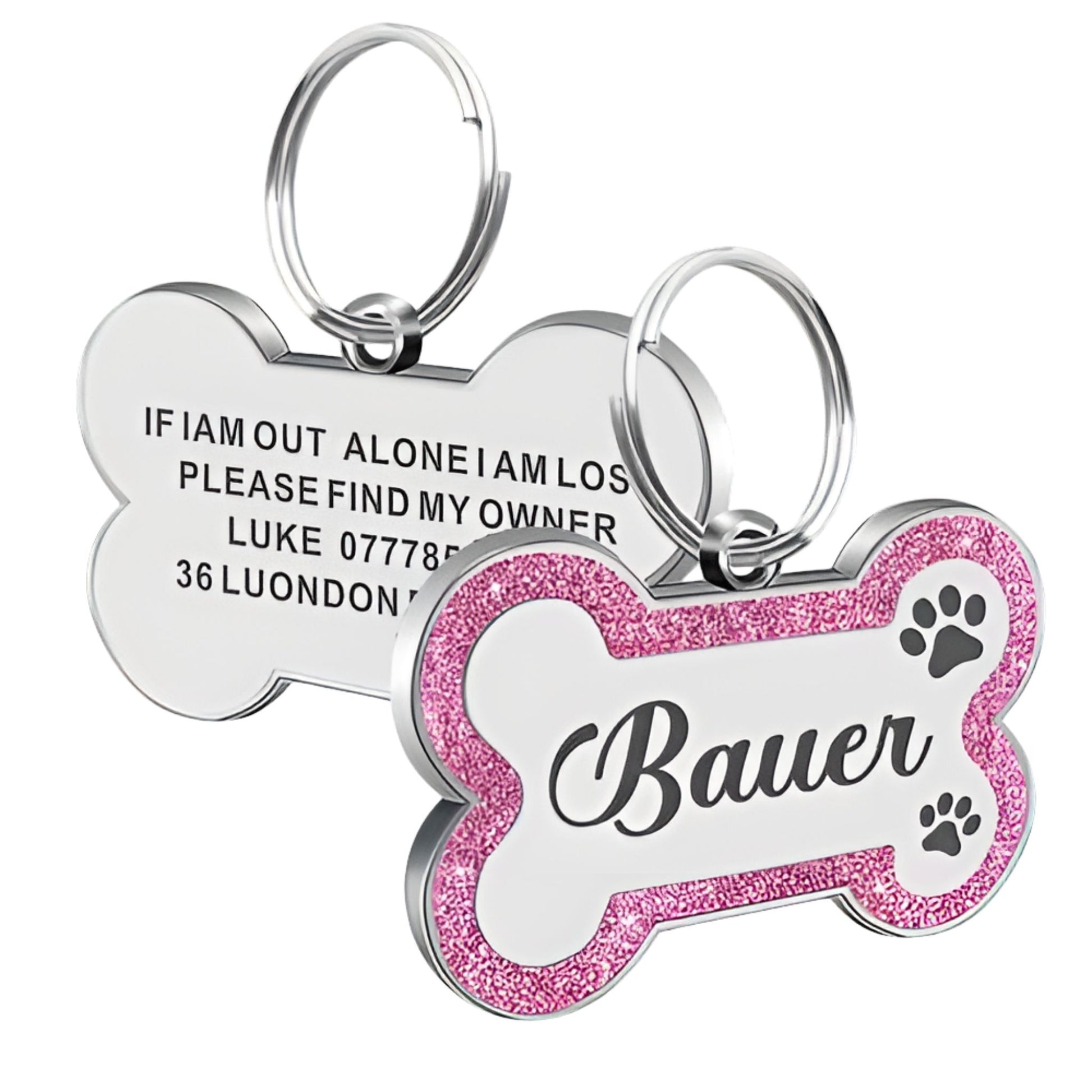 Pink Personalized Bone-Shaped Pet ID Tag Double Side – Glitter Enamel Finish Anti-lost Bone Tags TrendyPet's Zone