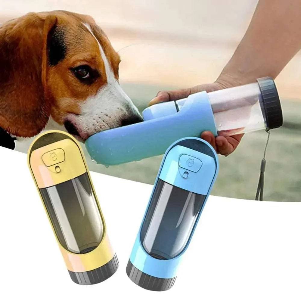 Pink portable pet dog water bottle with built-in drinking bowl for small and large dogs, by TrendyPet's Zone.