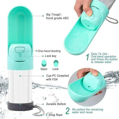 Pink portable pet water bottle with built-in drinking bowl for small and large dogs, ideal for on-the-go hydration from TrendyPet's Zone.