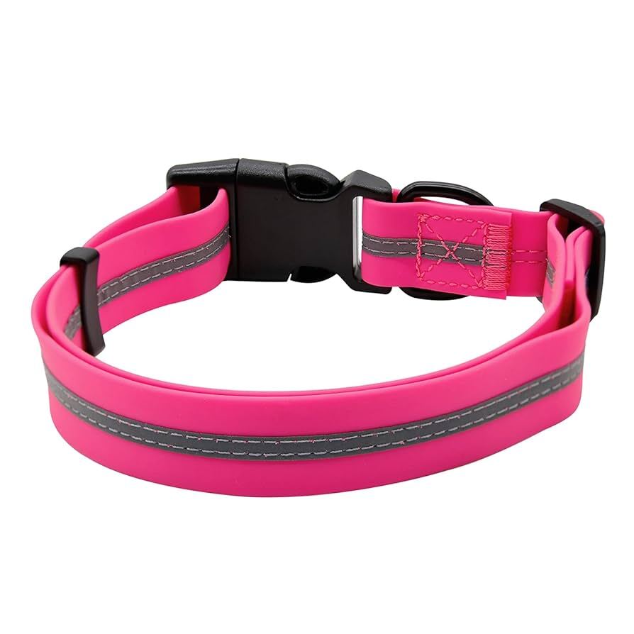 Pink PVC dog collar with reflective stripe and adjustable fit, featuring anti-odor properties, from TrendyPet's Zone.