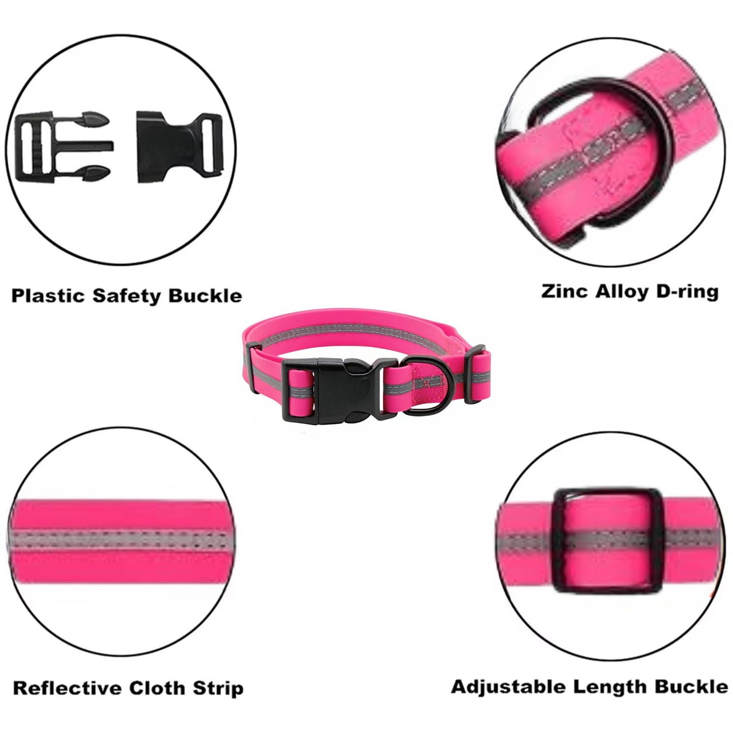 Pink PVC dog collar with reflective stripe and anti-odor feature, adjustable for pets, from TrendyPet's Zone.