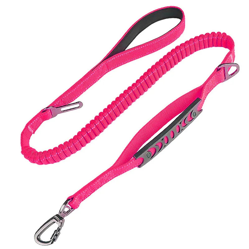 Pink reflective shock-absorbing dog leash with car safety buckle, designed for secure vehicle travel by TrendyPet's Zone.