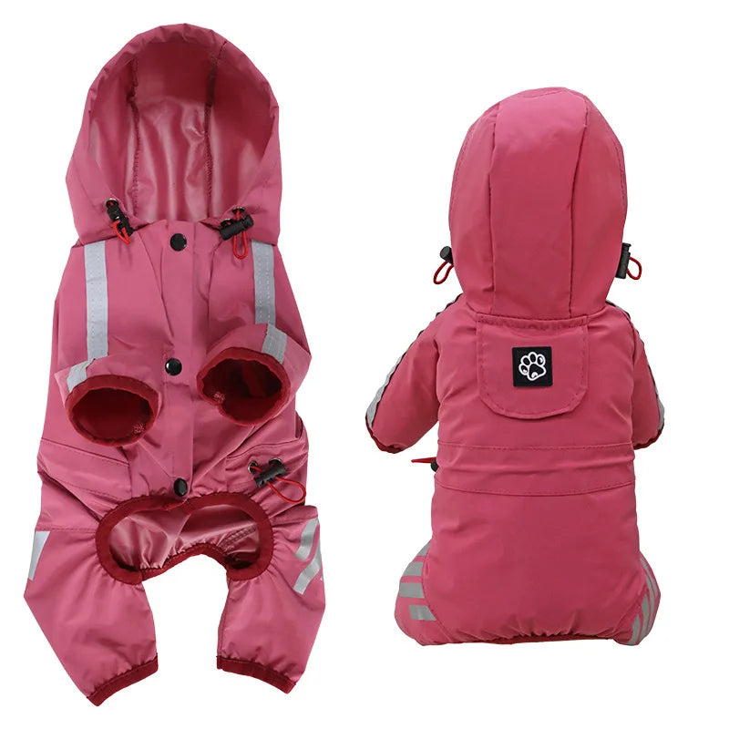 Pink reflective waterproof dog raincoat stylish jumpsuit by TrendyPet's Zone, designed for outdoor protection and visibility.